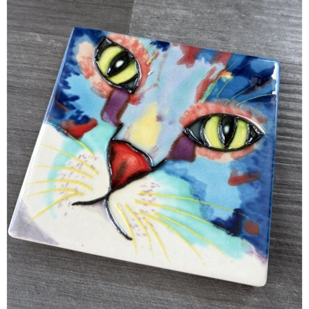 Hand-Painted Colorful Cat Face Ceramic Art Tile Whimsical Abstract Decor 4x4